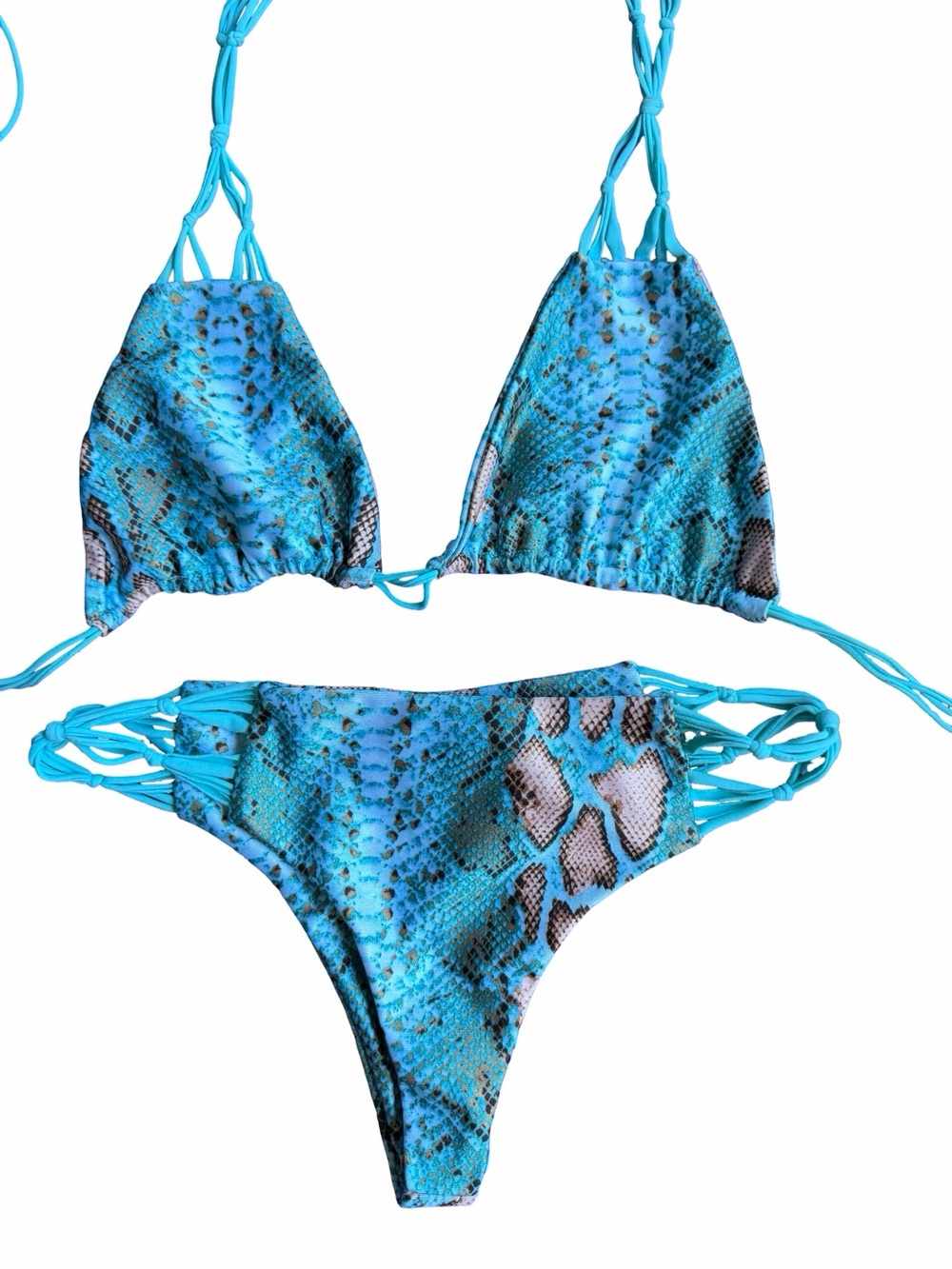 Turquoise Snake-Print Triangle Bikini Set with Braided Straps